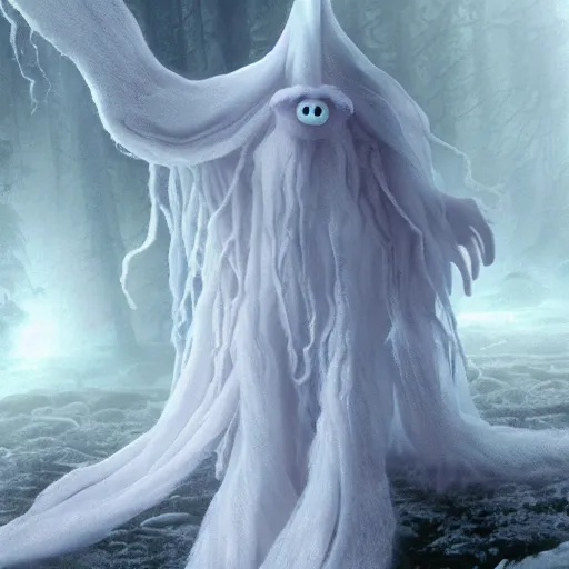 Image similar to an ethereal dream like fantasy fluffy ghost like spooky live action muppet wraith like figure with a squid like parasite latched as its head and four long tentacles for arms that flow gracefully at its sides like a cloak while it floats around a frozen rocky tundra in the snow searching for lost souls and that hides amongst the shadows in the trees, this character has hydrokinesis and electrokinesis is a real muppet by sesame street, photo realistic, real, realistic, felt, stopmotion, photography, sesame street