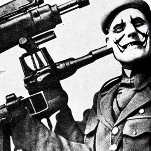 Image similar to old wartime photograph of the joker holding a lewis gun, 1 9 1 7