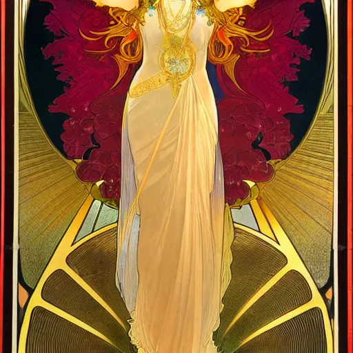 Image similar to a beautiful orchid phoenix angel woman, in an ornamented dress with large, volumetric light, god rays, 8 k high resolution, rubies, by alphonse mucha