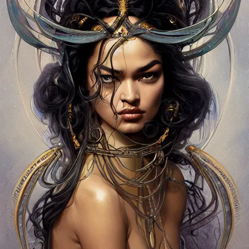 Image similar to Shanina Shaik as Medusa, intricate, elegant, highly detailed, digital painting, artstation, concept art, smooth, sharp focus, illustration, art by artgerm and greg rutkowski and alphonse mucha