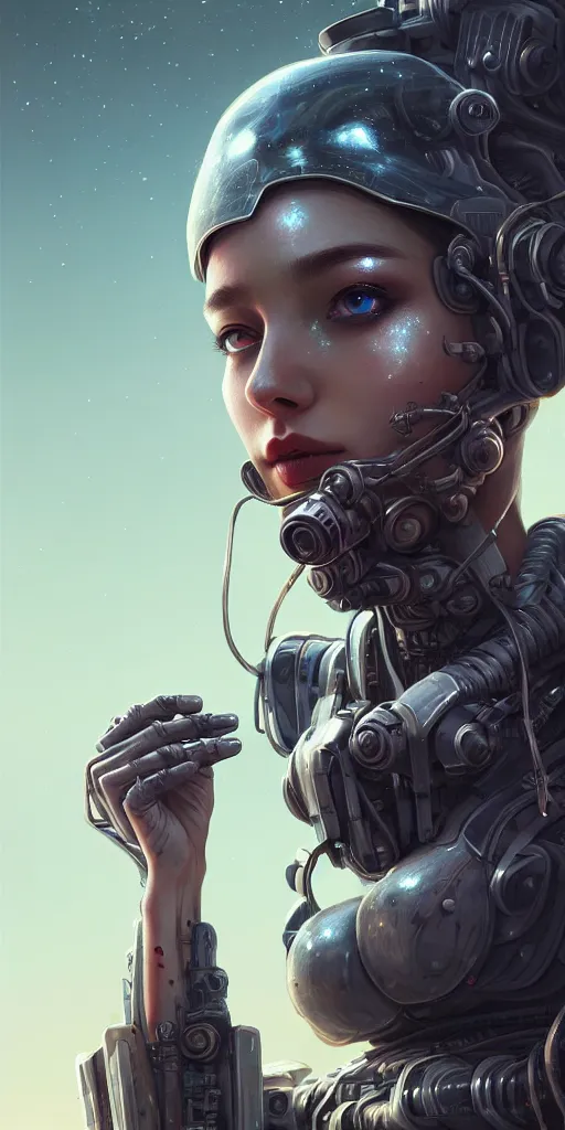 Image similar to ultra realistic style illustration, beautiful alluring nasa cyborg in an apocalyptic wasteland, gorgeous face, cyberpunk, sci - fi, fantasy, intricate, elegant, highly detailed, digital painting, artstation, concept art, smooth, sharp focus, illustration, art by mansik yang and rashed alakroka and simon stalenhag and wlop