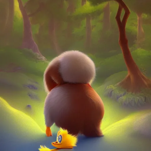 Prompt: cutie fluffy creature donald duck, digital art, 3 d, octave render, masterpiece, mega detailed, pixar, disney, vivid illustration, cartoon, fantasy, by george stubbs, artgerm, in the style of ghibli kazuo oga, pastel fur