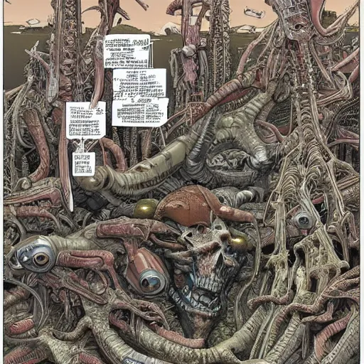 Image similar to an impossible nightmare beyond comprehension, very very detailed painting by geof darrow and greg rutowski and hr giger