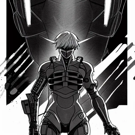 Prompt: high quality illustration of a cyber ninja infiltrating a palace in the style of ghost in the shell and blame and akira, manga, black and white, pencil, traditional art, anime, by katsuhiro otomo and tsutomu nihei and masamune shirow and studio ghilibi and yukito kishiro, highly detailed, sharp lines