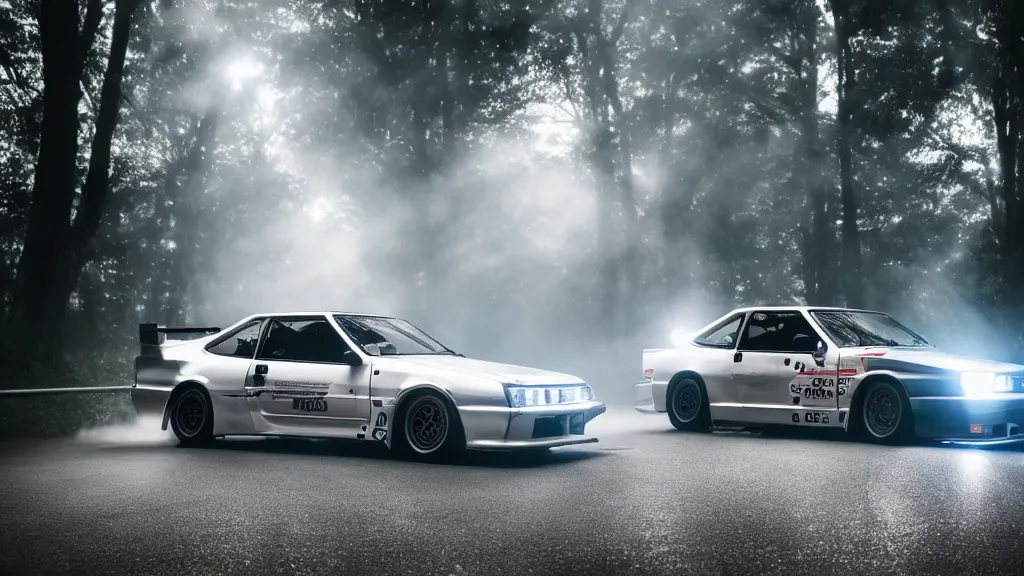 Image similar to takumi fujiwara's toyota ae 8 6 takumi fujiwara's toyota ae 8 6, cinematic, nikon d 7 5 0, long exposure, white balance, 8 k, led, lumen global illumination, fog, ray tracing reflections, fxaa, rtx, post - production