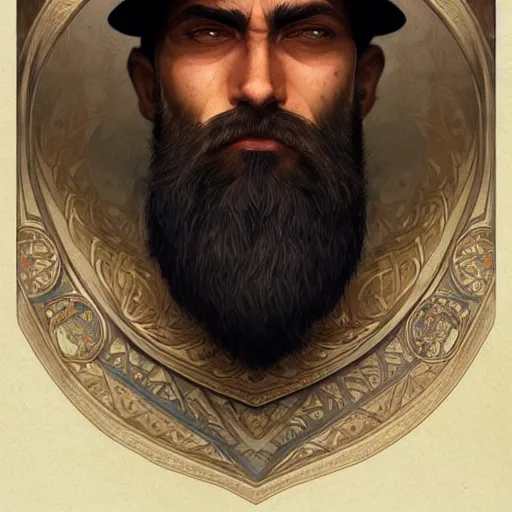 Prompt: bearded sultan, portrait, headshot, D&D, fantasy, highly detailed, digital painting, artstation, concept art, sharp focus, illustration, art by artgerm and greg rutkowski and alphonse mucha