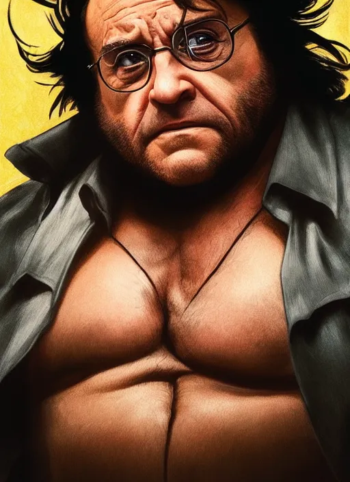 Image similar to photograph of danny devito as wolverine, realistic portrait, symmetrical, smooth, sharp focus, cinematic lighting, art by artgerm and greg rutkowski and alphonse mucha