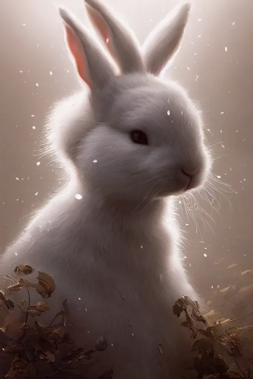 Image similar to white bunny with black spots on face and nose, realistic and ultra intricate detailed soft painting, volumetric lighting, mist, cityscape background, Artstation, Tom Bagshaw Yasushi Nirasawa Moebius artstyle, unreal render, depth of field ,