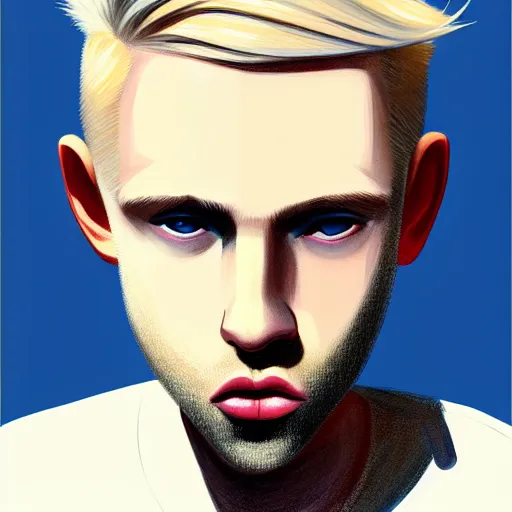 Prompt: thin blond man with blond hair long on top short down the sides, blond beard, small chin, thin nose, thin lips, english heritage, small blue eyes, small ears, pale skin, narrow face, digital art, painterly, cartoon, cute, 8k, illustration, art by loish, painterly, trending on artstation, medium shot, uncropped