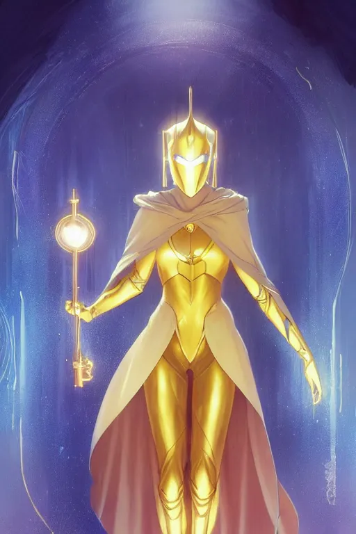 Image similar to anime key visual of a beautiful young female doctor fate!! intricate, cape, glowing, powers, dc comics, cinematic, stunning, highly detailed, digital painting, artstation, smooth, hard focus, illustration, art by artgerm and greg rutkowski and alphonse mucha