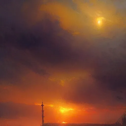 Prompt: burning sky over an empty playground, artwork by Ivan Aivazovsky, highly detailed, digital art, 8k resolution, trending on art station