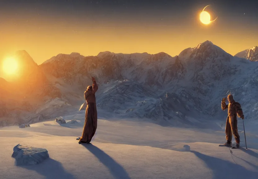 Image similar to fully photorealistic eclipse at sunrise on snowy mountaintop, distant glowing figures, masterpiece composition, art by john collier, albert aublet, artem demura, alphonse mucha, sharper luminescent focus, nd 6, hdr, movie still, cinematic diffuse lighting, artstation, textless, sharp focus