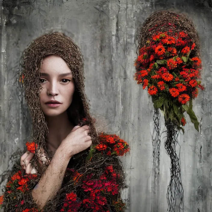 Image similar to a closeup portrait of a woman wearing a hooded cloak made of zinnias and barbed wire, in a derelict house, by Zhang Jingna, natural light, detailed face, CANON Eos C300, ƒ1.8, 35mm, 8K, medium-format print