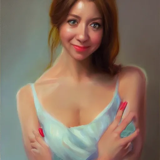 Image similar to lily aldrin, realistic, painting by vladimir volegov, trending on artstation, realistic, photorealistic, real