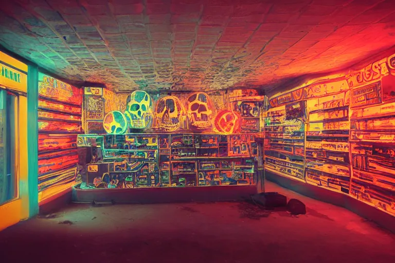 Image similar to giant metallic skull inside of a 1970s music store store, neon lights, dirty, ektachrome photograph, volumetric lighting, f8 aperture, cinematic Eastman 5384 film