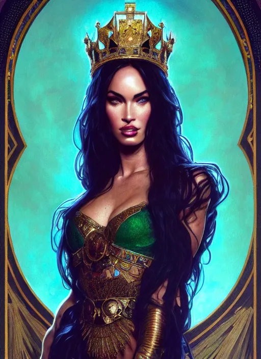 Image similar to portrait of megan fox as a queen, throne, jewelry, greek, emerald, intricate, headshot, highly detailed, digital painting, artstation, concept art, sharp focus, cinematic lighting, illustration, art by artgerm and greg rutkowski, alphonse mucha, cgsociety