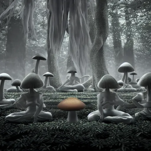 Image similar to mushroom goddess with group of elders in a ceremony for plant medicine, beautiful, hiroya oku, yoshitaka amano, chris cunningham, black and white, beautiful lighting, cinematic still, quantum gravity 3 d render, 8 k