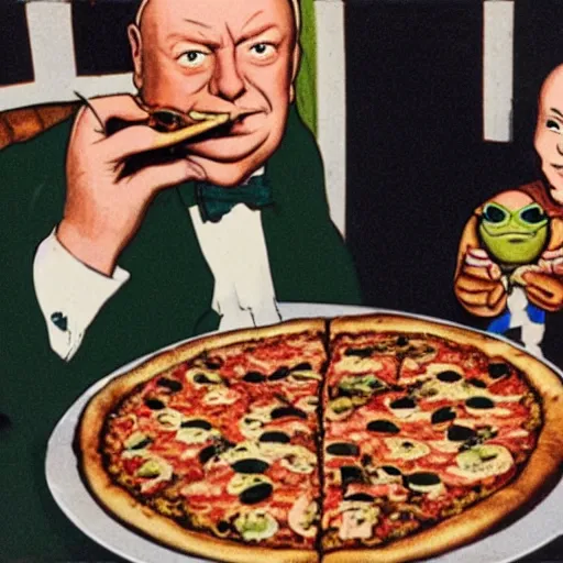 Prompt: Winston Churchill eating pizza with the Teenage Mutant Ninja Turtles, modern color photography