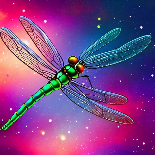 Image similar to a beautiful cosmic dragonfly, high detail, realistic, dreamy, 4K, award-winning, pretty