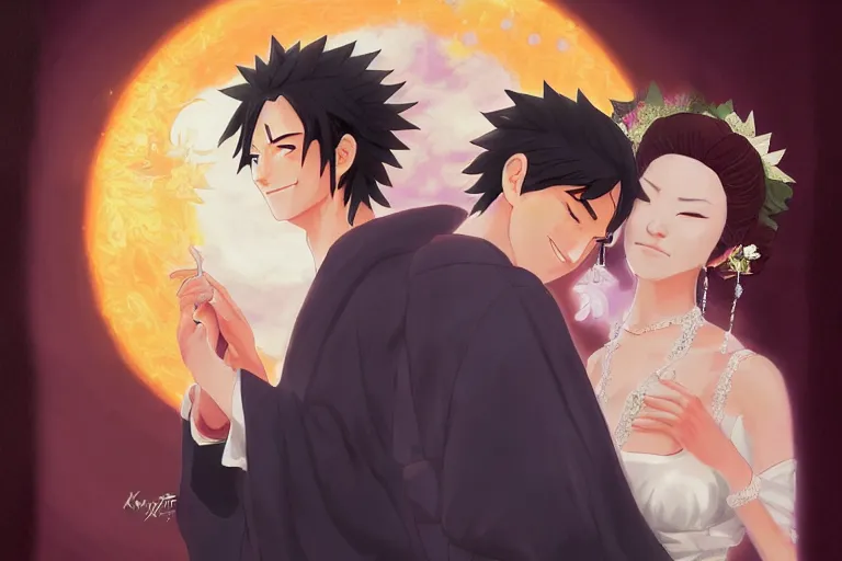 Image similar to a cinematic portrait of wedding photograph jpeg close up moment of a divine a japan sun god and moon goddess lovers magician at a wedding banquet. portraiture. digital painting. artstation. concept art. wedding photo. digital painting. naruto the movie art masterpiece by art by krenz cushart