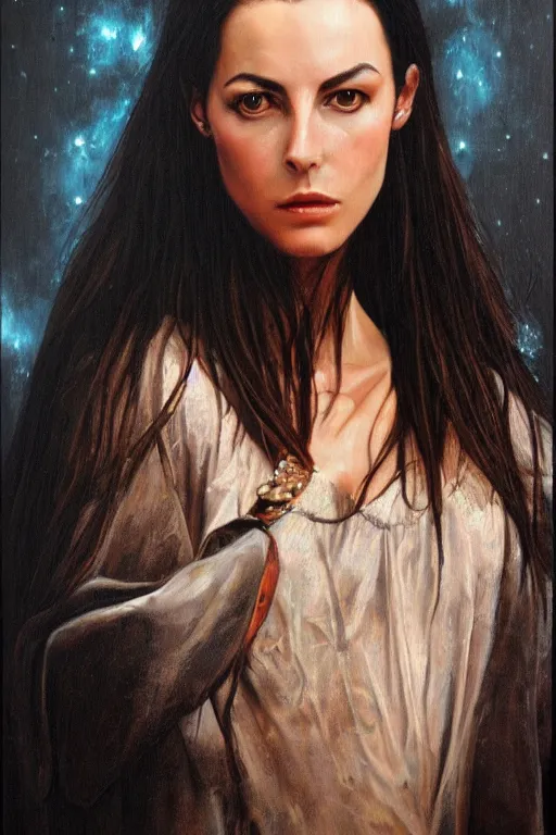 Image similar to hyperrealism oil painting, close - up portrait of carole bouquet medieval brunette vampire fashion model, knight, steel gradient mixed with nebula sky, in style of baroque