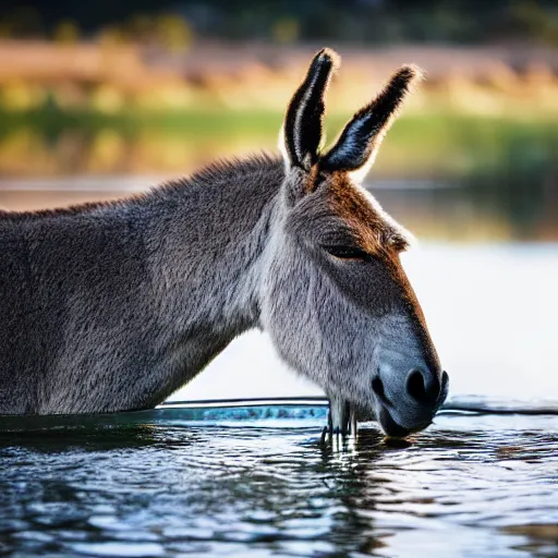 Image similar to close up photo of a donkey, drinking water from a lake in tasmania, bokeh, 4 k award winning nature photography