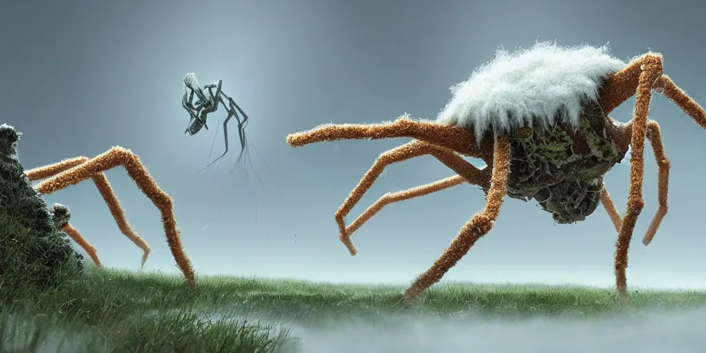 Prompt: “ ominous sci - fi spider crab monster covered in white fuzzy fungus with spider - like legs, green rural country landscape by gerald brom, greg rutkowski, photo realism, unreal engine, c 4 d, atmospheric, crepuscular, noctilucent ”