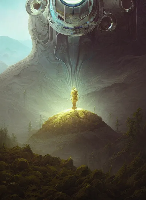 Prompt: close up sci - fi hippie poster art simon stalenhag mountain eyes, cloud skin, elegant, highly detailed, centered, digital painting, concept art, smooth, sharp focus, illustration, artgerm, tomasz alen kopera, peter mohrbacher, donato giancola, joseph christian leyendecker, wlop, frank frazetta