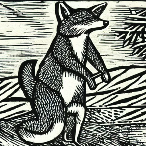 Image similar to anthropomorphic fox doing fieldwork, woodcut