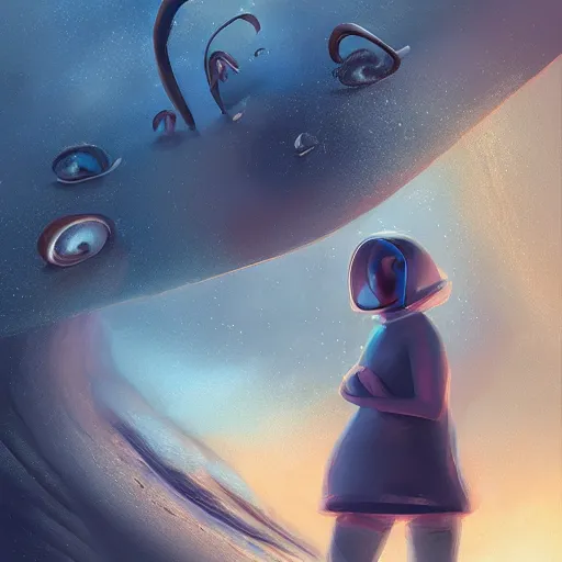 Prompt: A snail watching everything slowly get sucked into a blackhole while the time slowly reaches it's end, digital art, artstation, Mandy Jurgens, CGSociety, WLOP