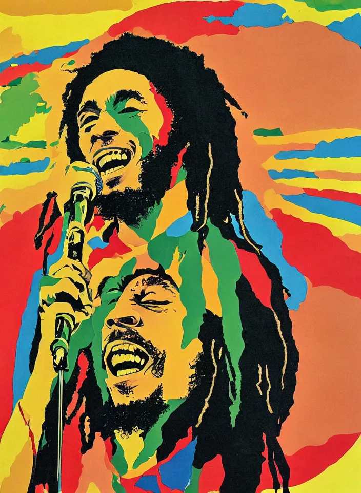 Image similar to graphic design of bob marley singing by milton glaser and lilian roxon, detailed
