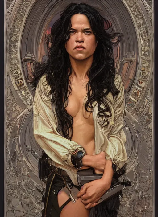 Prompt: Michelle Rodriguez as feisty latino woman wearing coat, portrait, intricate, elegant, highly detailed, centered, digital painting, artstation, concept art, smooth, sharp focus, illustration, art by artgerm and donato giancola and alphonse mucha