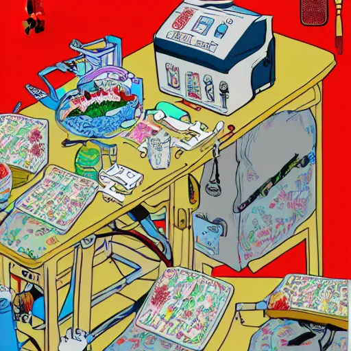 Image similar to chinese surgery operating table, in the style of daniel johnston and outsider art, 8k, line brush, overlaid with traditional chinese adverts