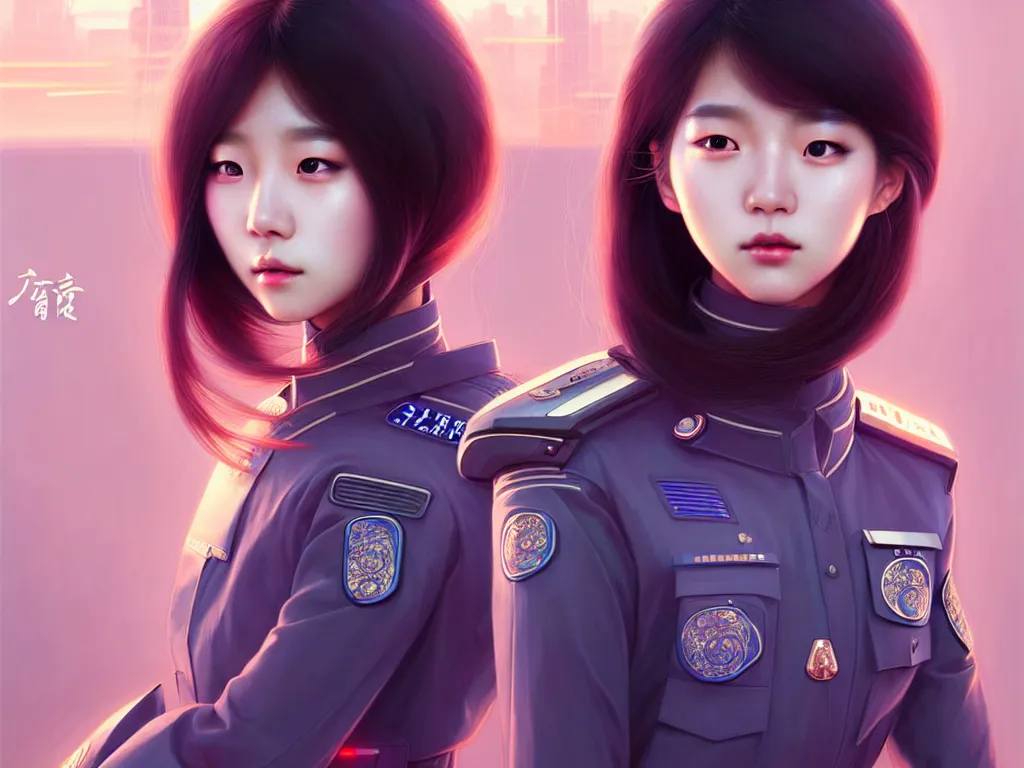 Prompt: portrait jisoo, futuristic korea police uniform girl, at future neon light rooftop, ssci - fi and fantasy, intricate and very very beautiful and elegant, highly detailed, digital painting, artstation, concept art, smooth and sharp focus, illustration, art by tan zi and ayanamikodon and alphonse mucha and wlop
