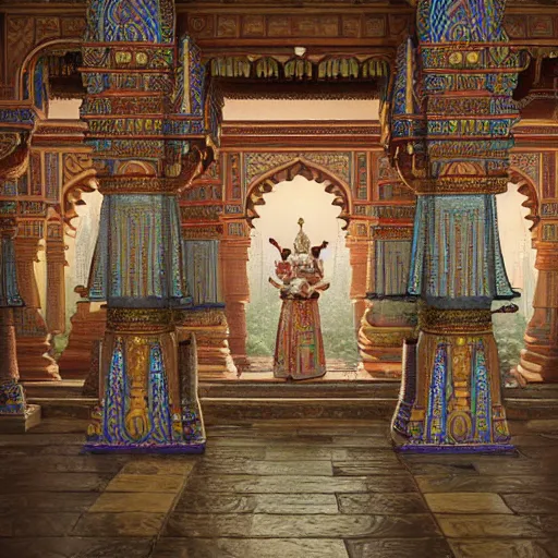 Image similar to stunning & visually striking highly detailed, hyperrealistic, intricate interior of an ancient indian palace, with tall beams, curtains, large paintings in frames, greenery around the pillars, exotic flower arrangement in style of Peter Mohrbacher, unreal engine, trending on artstation, octane render, 4K