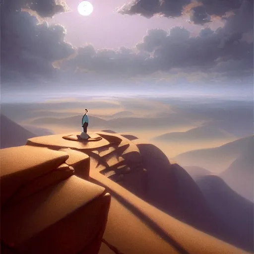 Prompt: looking down into diriyah, low rim light through low lying clouds, extremely detailed oil painting, unreal 5 render, rhads, bruce pennington, studio ghibli, tim hildebrandt, digital art, octane render, beautiful composition, trending on artstation, award - winning photograph, masterpiece, cold snowy, cold color palette, scary sharp icy