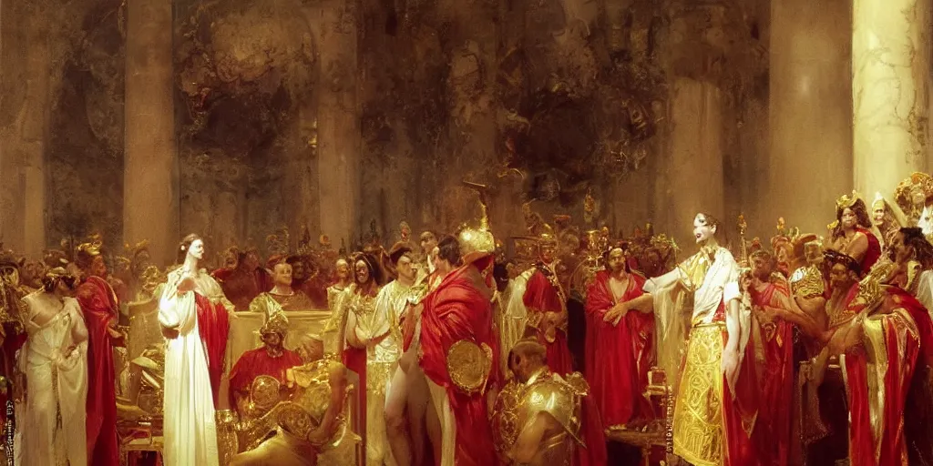 Image similar to beautiful oil painting, steve buscemi in royal crimson robes enthroned as the god emperor of ancient rome surrounded by servants in gilded halls a golden wreath upon his head, by anders zorn, wonderful masterpiece by greg rutkowski, beautiful cinematic light, american romanticism, by thomas lawrence, greg rutkowski