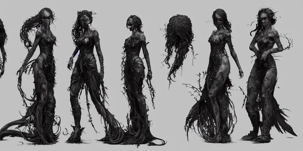 Image similar to gothic mermaid character detail designs, Greg Rutkowski, character sheet, kim jung gi, Darek Zabrocki, Karlkka, Jayison Devadas, Phuoc Quan, trending on Artstation, 8K, ultra wide angle, pincushion lens effect