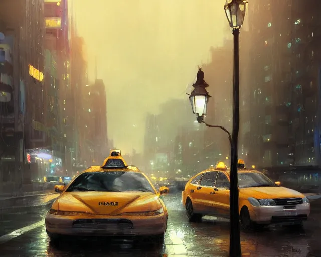 Image similar to a taxi cab driving down a rainy road, gaslight, street lamps. Anime, By Makoto Shinkai, Stanley Artgerm Lau, WLOP, Rossdraws, James Jean, Andrei Riabovitchev, Marc Simonetti, krenz cushart, Sakimichan, trending on ArtStation, digital art.