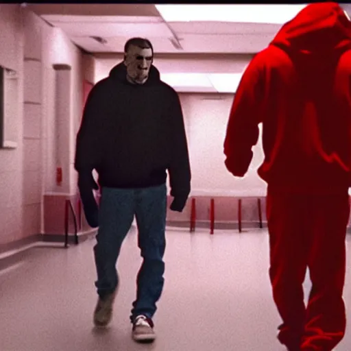 Image similar to grainy film still of niko bellic and a man wearing a red hoodie and a plastic clown mask from the dark knight returns's bank robbery scene, photorealistic