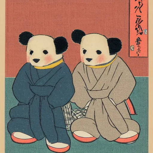 Prompt: two cute adorable teddy bears shopping for shoes, ukiyo-e on woodblock