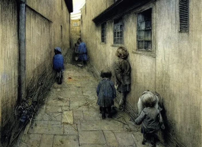 Image similar to dark alley full of poor children who live on the street, painting by andrew wyeth and alan lee, very detailed, somber mood,