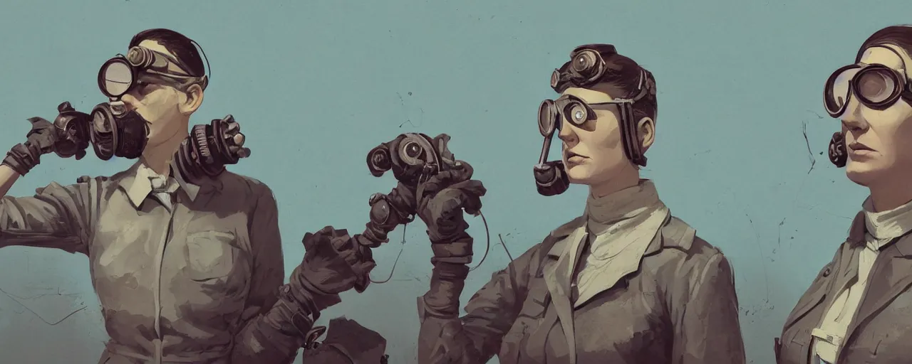 Prompt: vintage illustration 3 / 4 portrait of stoic heroic emotionless butch blonde woman engineer with short slicked - back hair, wearing victorian goggles, no makeup, awkward and uncomfortable and anxious, dirty, dynamic composition by sachin teng and sergey kolesov and ron cobb. industrial space program, scifi, hyper detailed. octane render. concept art. trending on artstation