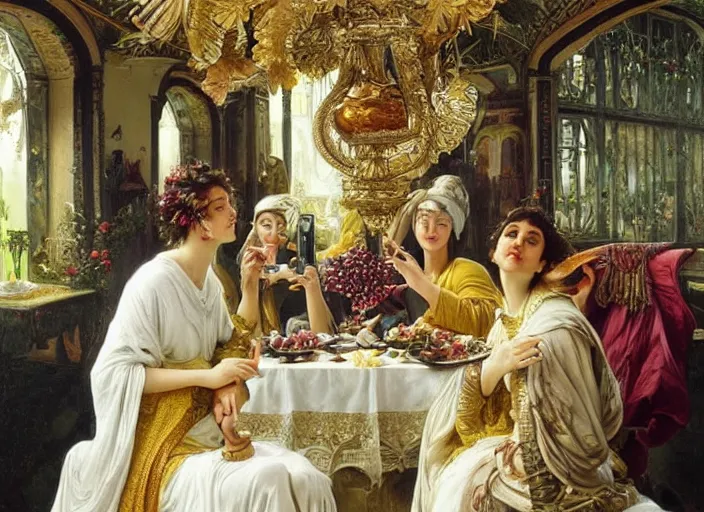 Prompt: le quattro stagioni winter masterpiece ultrarealistic ultradetailed painting of catholic happy! family eating grapes, white robe, exotic fruits, garden of paradise!! greg rutkowski, special effects makeup, maximalist, glittering, gold, ivory, hyperreal, golden ratio, pinterest, alphonse mucha