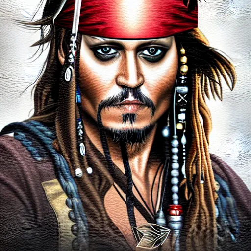 Image similar to portrait of johnny depp as captain jack sparrow, highly detailed, centered, solid color background, digital painting