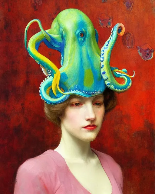 Image similar to a beautiful girl wearing a colourful octopus as a hat, painted by edgar maxence, edward hopper, wayne barlowe and james gilleard, airbrush, art by jamesjean