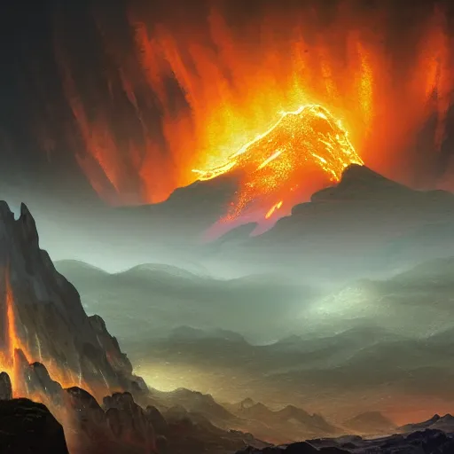 Image similar to a mountain range with a lava tiver flowing through it by akihito tsukushi, backlight, rim lighting, deep focus, d & d, fantasy, intricate, elegant, highly detailed, digital painting, artstation, concept art, matte, centered, sharp focus, illustration, hearthstone, art by artgerm, greg rutkowski and alphonse mucha