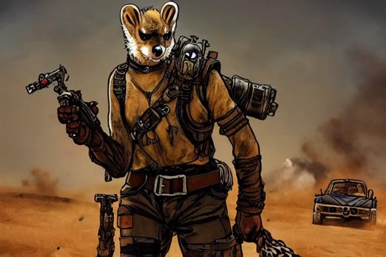 Image similar to a good ol'weasel fursona ( from the furry fandom ), heavily armed and armored facing down armageddon in a dark and gritty version from the makers of mad max : fury road. witness me.