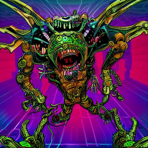 Image similar to hyper-maximalist overdetailed comic monster by beastwreckstuff and jimbo phillips. Cosmic horror infused retrofuturist style. Rendered by binx.ly in discodiffusion. Render by machine.delusions. Sharp focus.