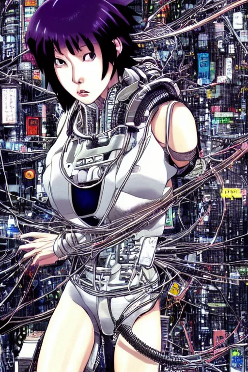 Image similar to coherent motoko kusanagi kneeling on a white in style of masamune shirow, empty floor, with a mess of wires and cables coming out of her head and backside, by Yukito Kishiro and katsuhiro otomo, illustration, cyberpunk, hyper-detailed, colorful, complex, intricate, masterpiece, epic